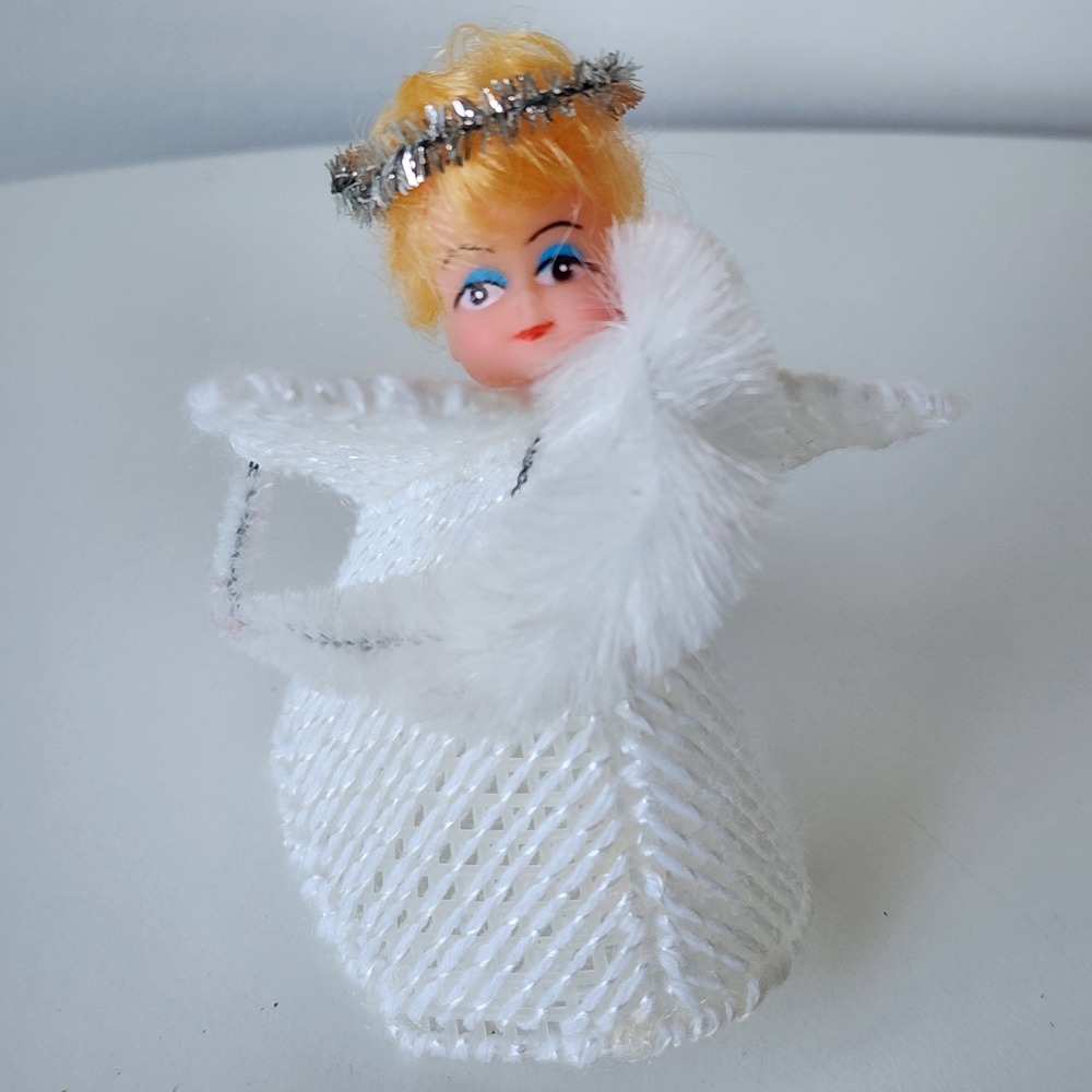 Vintage Angel Tree Topper MCM Handmade Blonde Hair Halo 4"‎ Yarn 70s Doll Kitsch
